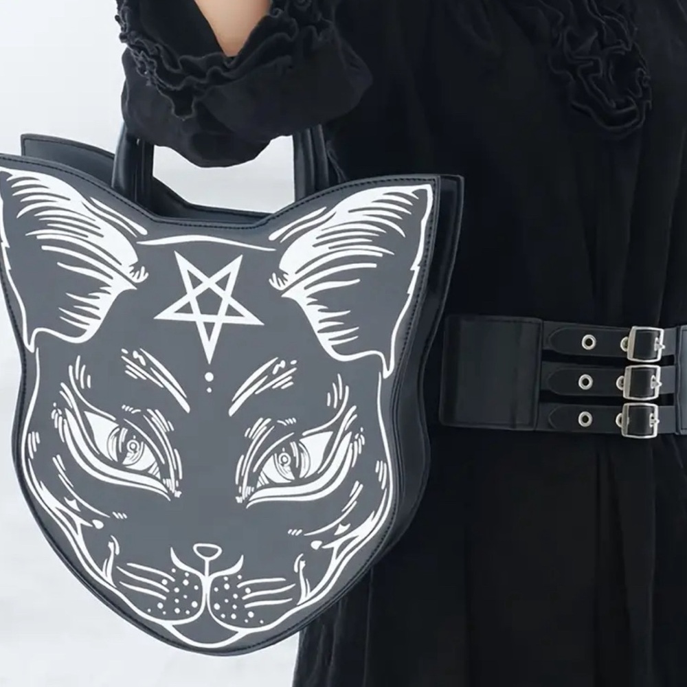 Casual Feline Gothic Purse/ Handbag- Cat Head Shaped Design, Punk Style - Picture 2 of 11